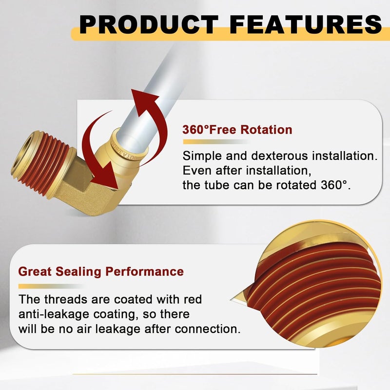 Siptenk 3/8" Elbow DOT Brass Push to Connect Air Line Fittings 5 PCS, 3/8" OD Tube x 1/2" NPT Thread Air Brake Line Quick Connect Fittings for Truck Trailers Industry Air System - Image 3